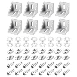 インサイドコーナーブラケットガセットキット 42x42x41 mm 4545アングルコネクタ ヨーロッパ4545/5050シリーズアルミプロファイル用 シルバー 16 x Tスロットナットと六角穴付きボルトとワッシャー 8セット
