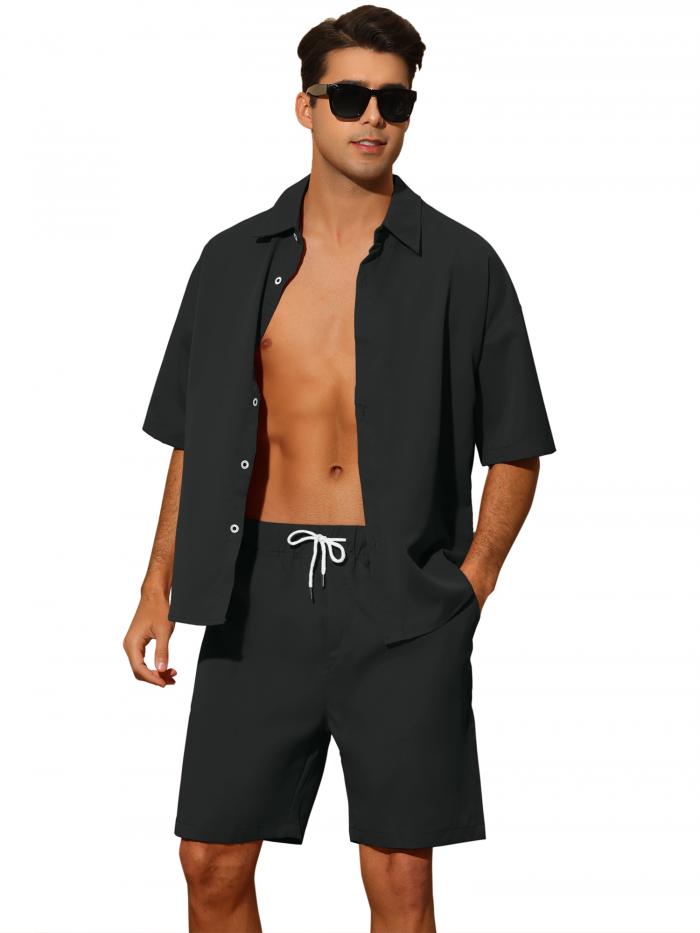 Lars Amadeus ハワイアンセット 半袖 ボタンダウンシャツ＆ショーツ 夏 2ピーススーツ メンズ ブラック S