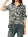 Allegra K ストライプシャツ ブラウス ロールアップ 長袖 カジュアル レディース ブラック 3XL