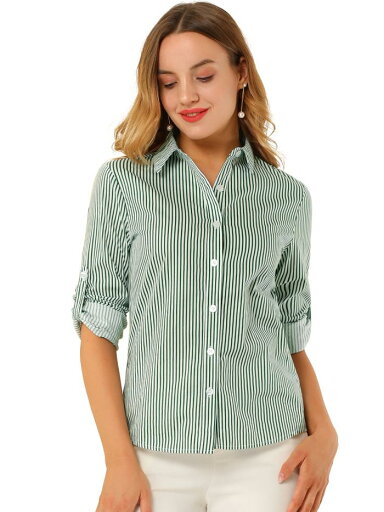 Allegra K ストライプシャツ ブラウス ロールアップ 長袖 カジュアル レディース グリーン XS Allegra K ストライプシャツ ブラウス ロールアップ 長袖 カジュアル レディース グリーン XS