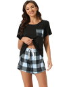 cheibear パジャマ 半袖 Tシャツ ショートパンツ付き チェック柄 パジャマセット カップル レディース ブルー M