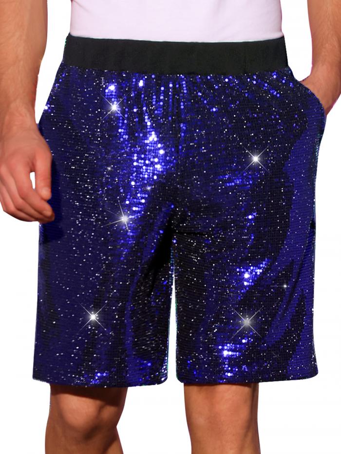 Lars Amadeus メンズ 夏用 スパンコール ショートパンツ 伸縮性ウエスト パーティー ナイトアウト ショーツ ブルー S