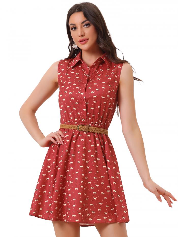 Allegra K ワンピース 花柄 ノースリーブ 膝上丈 ウエストベルト 襟付き ウエストゴム 可愛い レディース レッドキャットプリント S