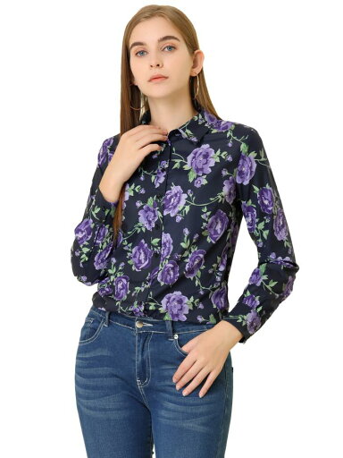 Allegra K シャツ ブラウス 花柄 リーフプリント オフィス カジュアル レディース パープル S Allegra K シャツ ブラウス 花柄 リーフプリント オフィス カジュアル レディース パープル S