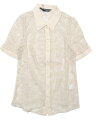 Allegra K 花柄ブラウス レースシャツ 半袖トップス 折り襟 セミシアー ボタンダウン レディース ベージュ XS