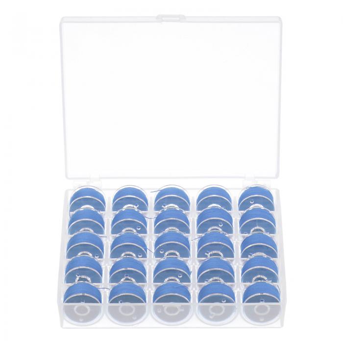 プリワインドボビン糸セット 標準サイズ 25コンパートメントボックス付き 刺繍 ミシン用 スチール ブルー