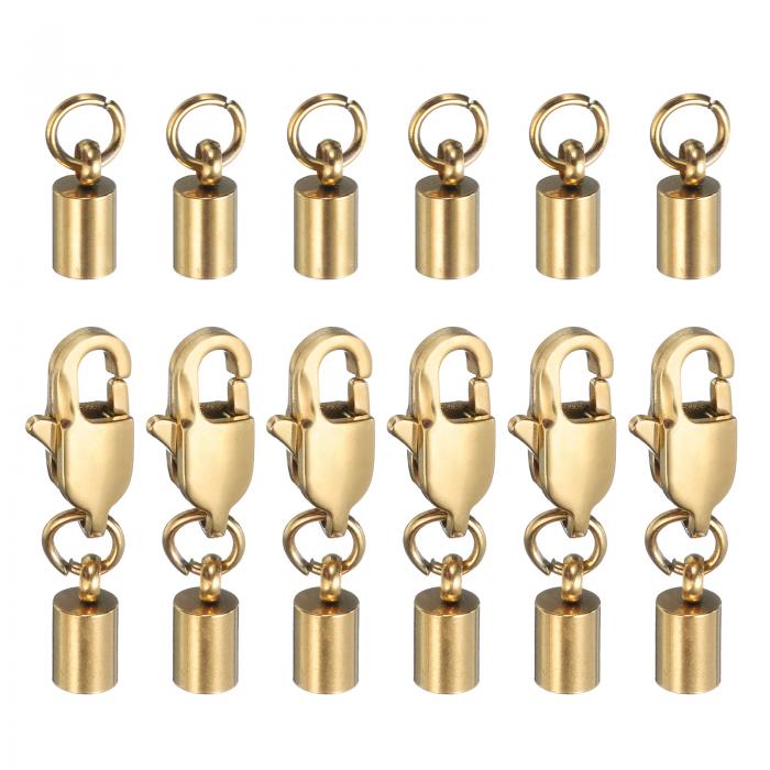 6個セット コードエンドキャップ 3 mm内径 ステンレス製 金色トーン ロブスタークローフックテールバッ..