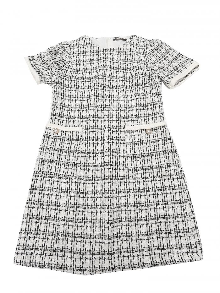 Allegra K レディース用ツイードドレス 半袖 Aライン ヴィンテージ ミニ シフトドレス ブラックホワイト S