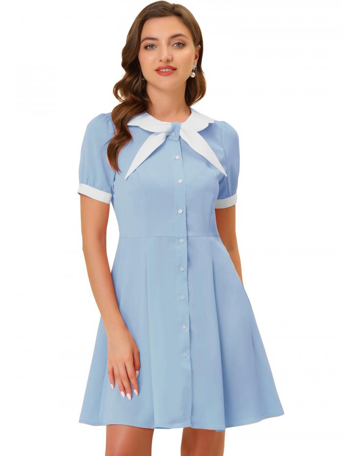 Allegra K ボウタイネックワンピース フレアワンピース ミニドレス コントラストカラー レディース ブルー M