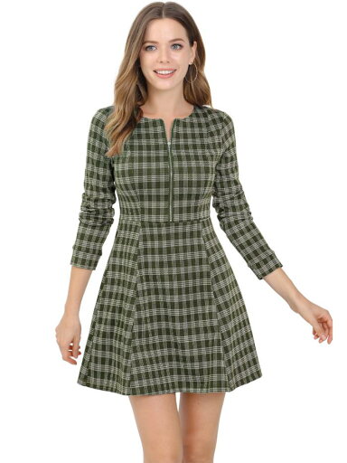 Allegra K チェック ワンピース フレア チェック柄 ミニドレス 長袖 aライン ジッパー レディース ダークグリーン L Allegra K チェック ワンピース フレア チェック柄 ミニドレス 長袖 aライン ジッパー レディース ダークグリーン L