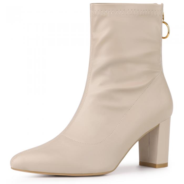 Allegra K アンクルブーツ ブロックヒール バックジップ レディース ベージュ 25.5 cm