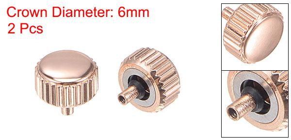 6 mm時計クラウン部品 フラットヘッド 長ステム ステンレス製 時計リペア用 内径2.5 mm ローズゴールドトーン 2個入り