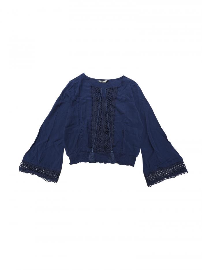 Allegra K クロップド トップス 刺繍 レース ネクタイネック ベルスリーブ スモックヘム レディース ネイビーブルー S