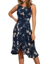Allegra K 夏ワンピース 花柄ドレス ラップ フリル裾 ノースリーブ ラウンドネック レディース ダークブルー S(4)