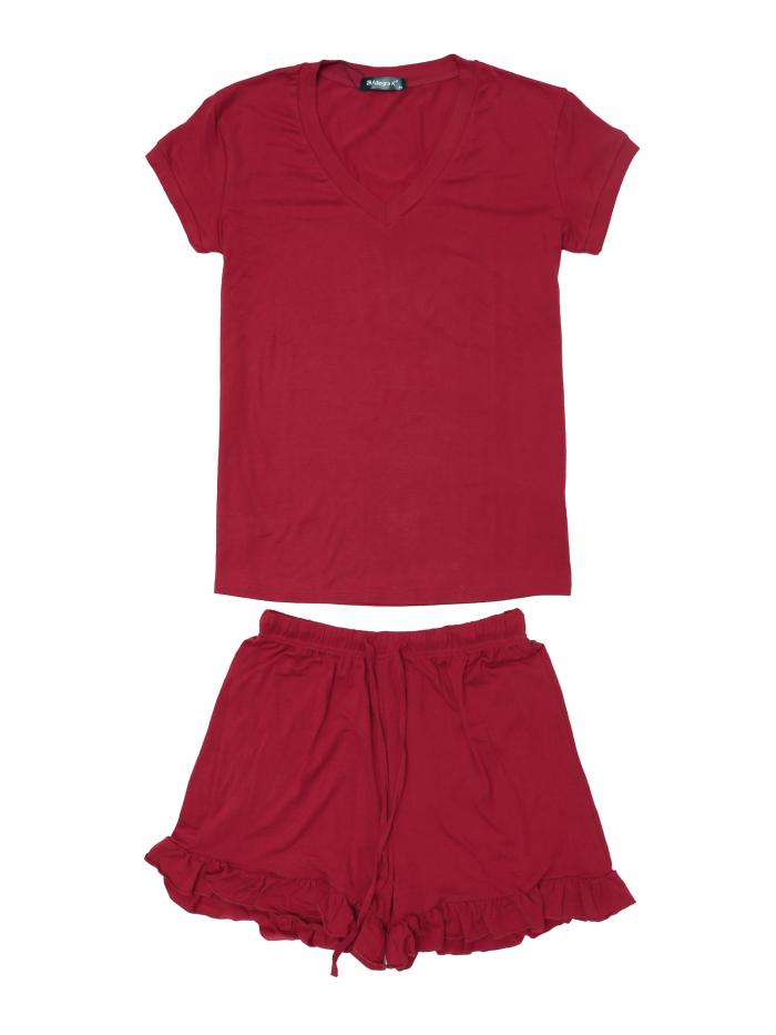 Allegra K パジャマ ルームウェア トップス ショートパンツ 上下セット 半袖 夏 ラウンジセット レディース レッド XLのサムネイル