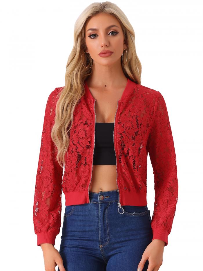 Allegra K レース ジャケット 花柄 スタンドカラー ジップアップ ボンバージャケット メッシュ シアー レディース レッド L