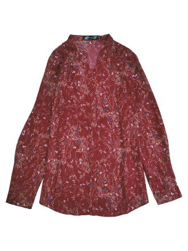 ソウテン Allegra K 花柄ブラウス 長袖 Vネック スタンドカラー ボタンダウン レディース ブルゴーニュ L