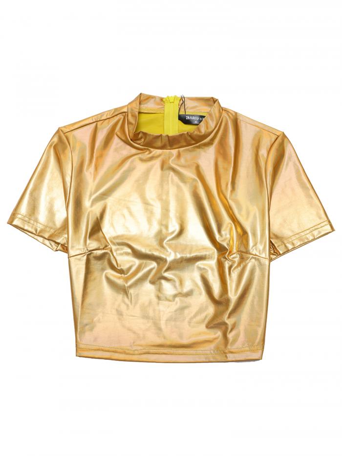 Allegra K クロップトップ モックネック パーティー 半袖Tシャツ メタリック ハロウィン衣装 レディース ゴールド XS