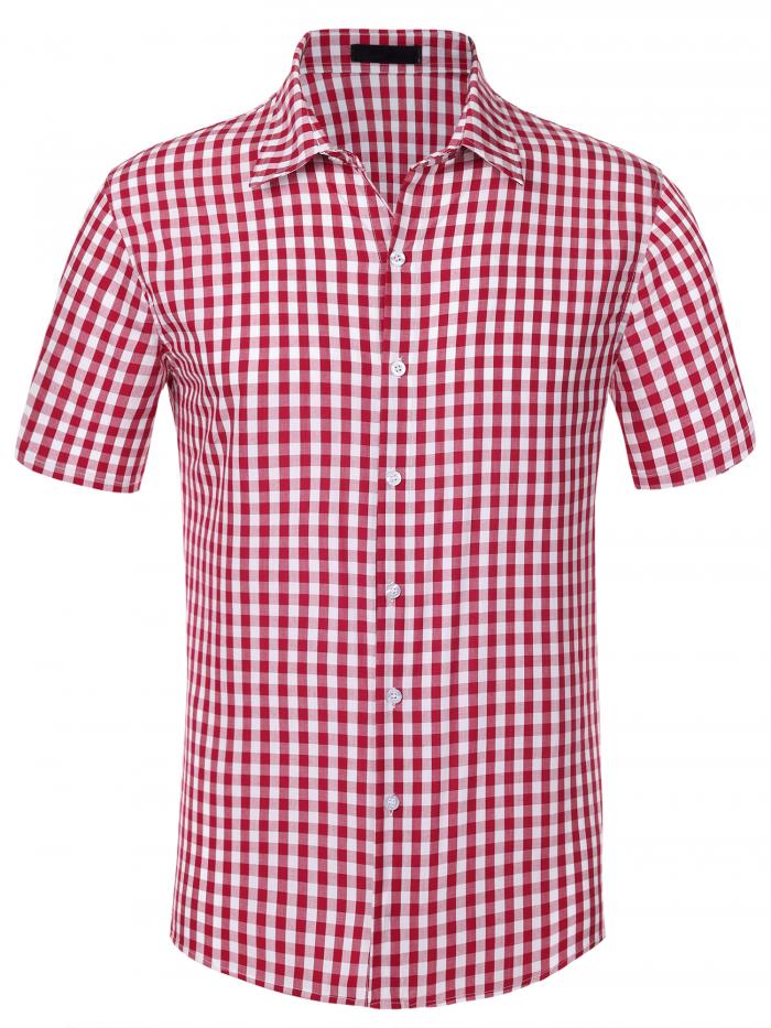 Lars Amadeus チェックシャツ 半袖 ドレスシャツ 格子柄 タータンチェック ボタン フォーマル トップス メンズ 赤 2XL