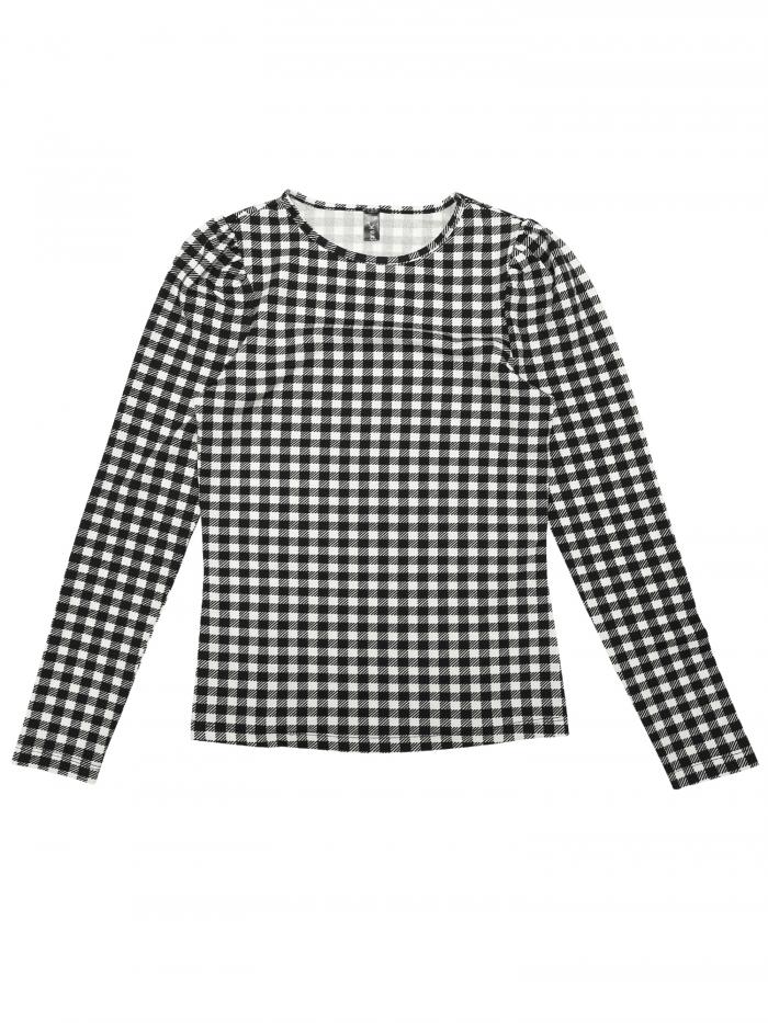 Allegra K チェック柄プルオーバートップ Tシャツ 長袖 ニット パフスリーブ ラウンドネック ストレッチ レディース 黒、白 S