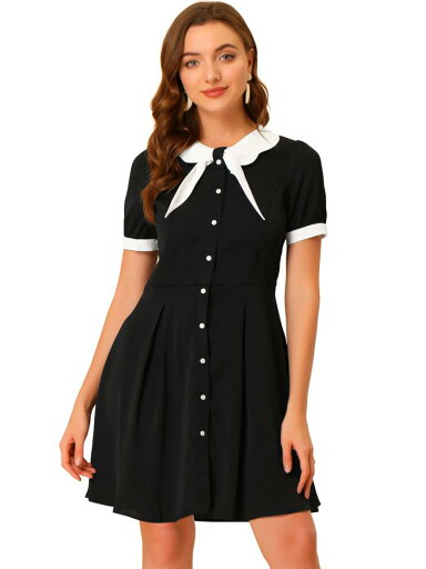 Allegra K ボウタイネックワンピース フレアワンピース ミニドレス コントラストカラー レディース ブラック L Allegra K ボウタイネックワンピース フレアワンピース ミニドレス コントラストカラー レディース ブラック L