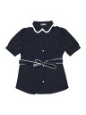 Allegra K ボウタイ シャツ ブラウス コントラスト パフスリーブ 半袖 ボタン留め ネクタイネック レディース ダークブルー XL
