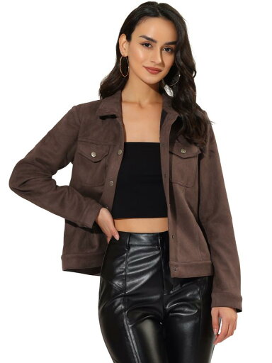 Allegra K ジャケット フェイクスエード ターンダウンカラー スナップボタン コーヒー色 XL Allegra K ジャケット フェイクスエード ターンダウンカラー スナップボタン コーヒー色 XL