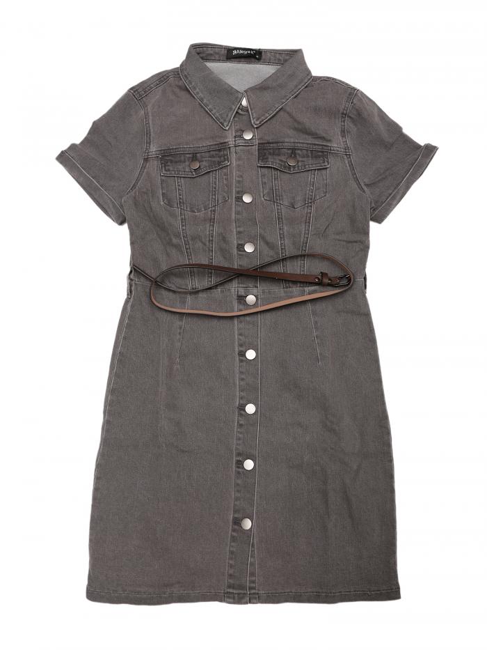Allegra K デニムドレス シャツワンピース ポイントカラー 半袖 ベルト付き 膝上 ジーンズ スリム キュート レディース グレー XS