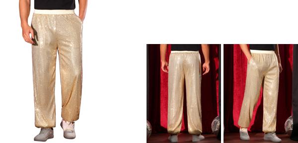 Lars Amadeus メンズ スパンコールパンツ 伸縮性ウエスト 70年代 ディスコ コスチューム ナイトクラブ メタリック 光沢 パーティー パンツ 金色 S