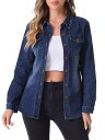 Allegra K デニムシャツ 長袖 ボタンダウン ポケット トレンディ ジーンズシャツ デニムトップス レディース ネイビーブルー L