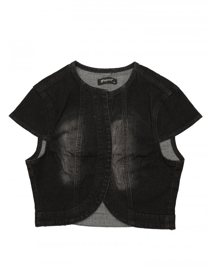 Allegra K クロップジャケット デニムカーディガン スリムフィット キャップスリーブ レディース ブラック XL
