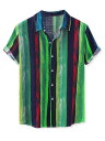 Lars Amadeus ストライプシャツ 半袖シャツ サマー ボタンダウン カジュアル カラーブロック メンズ グリーンブラック L