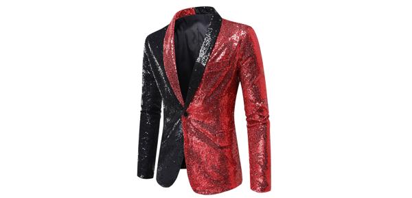 Lars Amadeus コート スパンコール ブレザー ショール ラペル シャイニー カラーブロック パーティー ディスコ メンズ レッドブラック XL