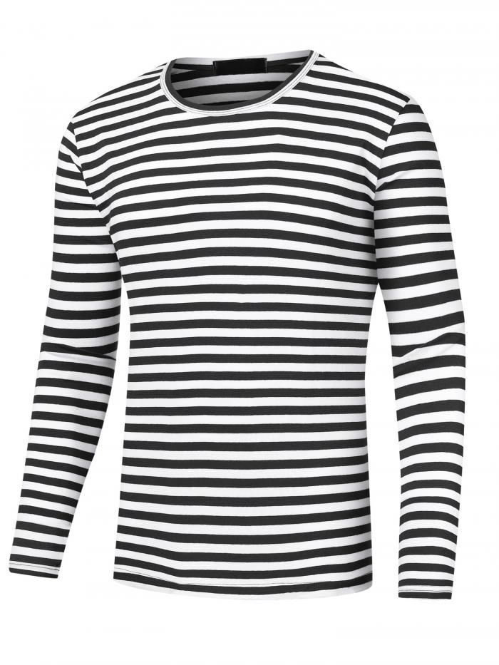 Lars Amadeus ストライプ Tシャツ ボーダー柄プリント カジュアル クルーネック 長袖 ベーシック プルオーバー トップス メンズ ブラックホワイト M