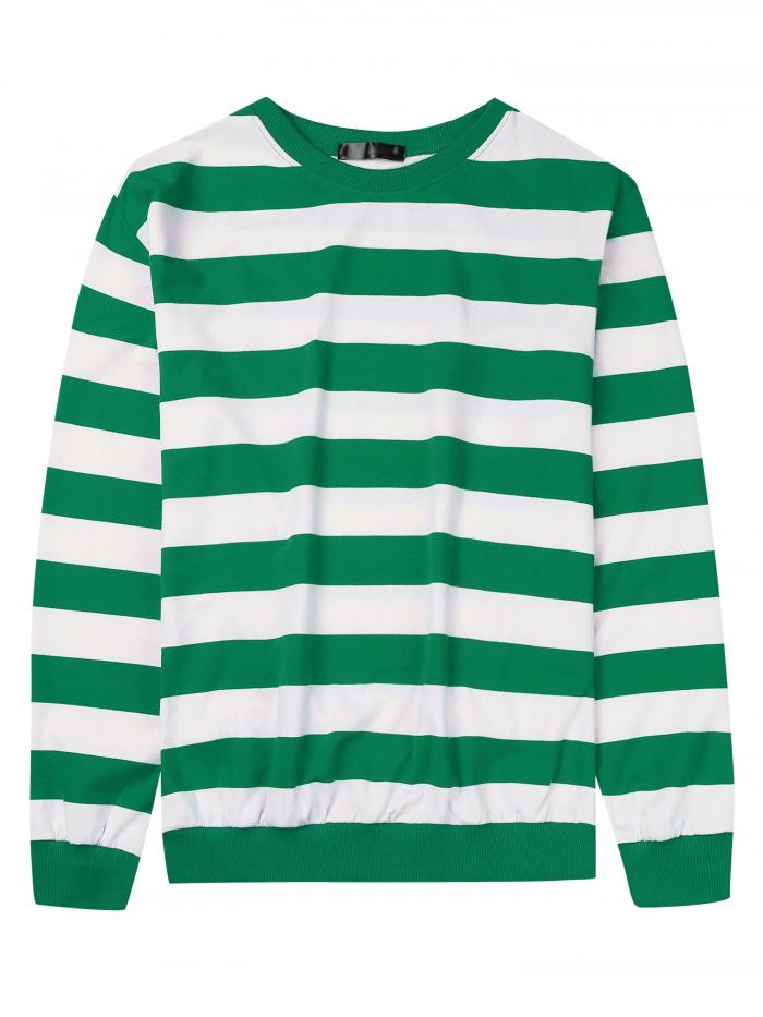 Lars Amadeus スウェットシャツ ストライプ Tシャツ ボーダー柄 クルーネック 長袖トップス プルオーバー カラーブロック メンズ グリーンホワイト L