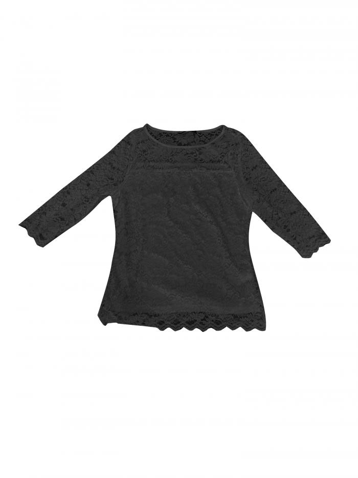 Allegra K レディース用フローラルレーストップス 7分袖 クルーネック カジュアル エレガント レース ブラウス ブラック XL