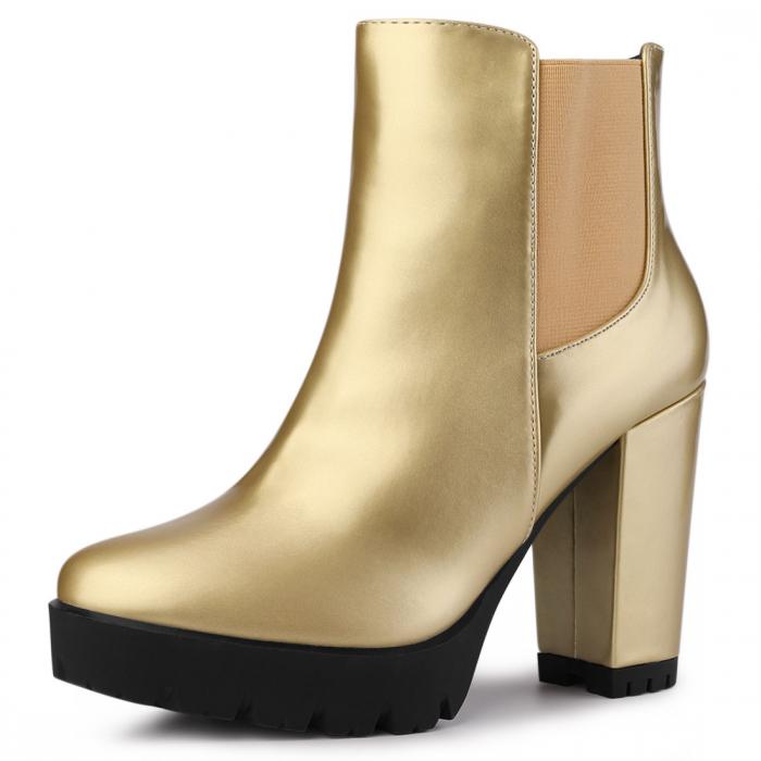 アンクルブーツ プラットフォーム ラウンドトゥ ジッパー ブロックヒール レディース ゴールド 26.0 cm