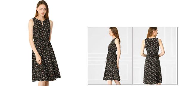 aライン ワンピース 水玉 プスプリットネック ドローストリングウエスト ノースリーブ ブラック XS