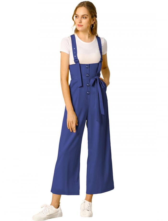 サロペットパンツ ハイウエスト オーバーオール 前ボタン ワイドパンツ レディース ブルー XS