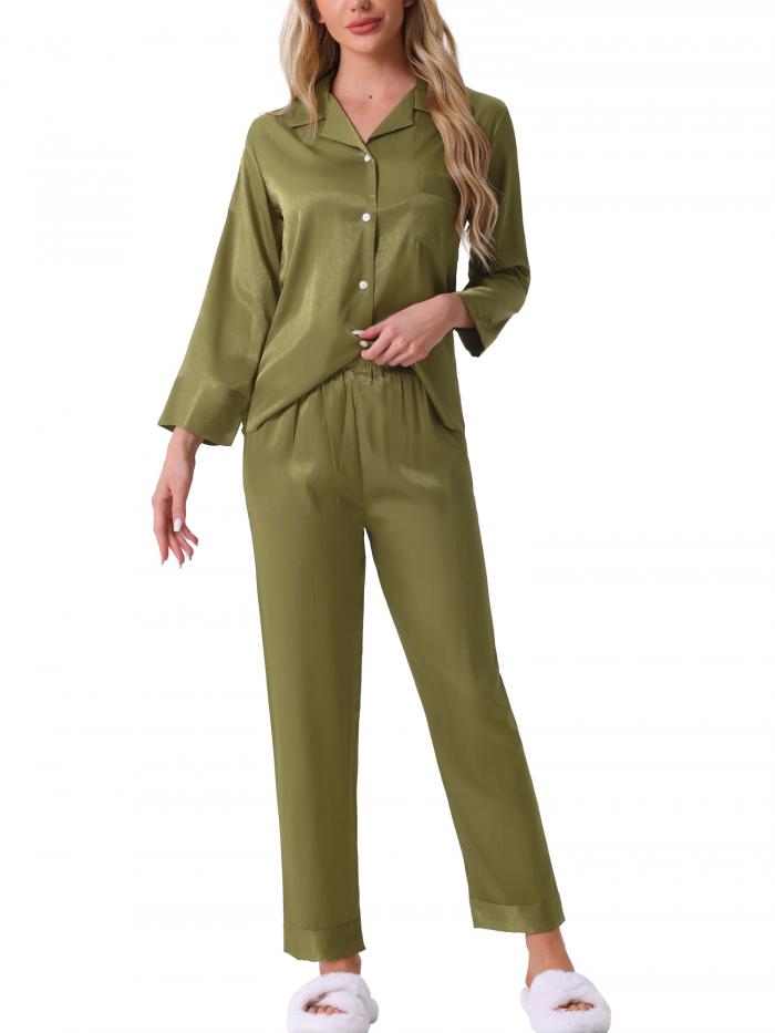 cheibear レディース サテン クラシック パジャマ ボタンダウン 長袖 パムッツ シルク パジャマ セット 緑 S