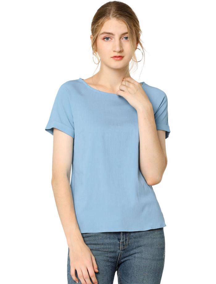 シャンブレー トップス Tシャツ デニム 半袖 ラグランスリーブ レディース ライトブルー XS