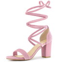 Allegra K サンダル フェイク ベルベット レースアップ チャンキーヒール ストラップ レディース ピンク 24.0 cm(4)