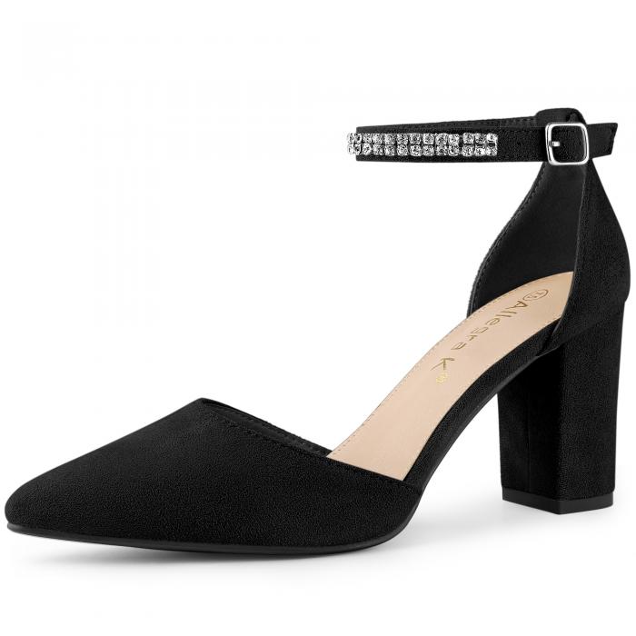 Allegra K パンプス ポインテッドトゥ ラインストーン チャンキーヒール レディース ブラック 26.5 cm