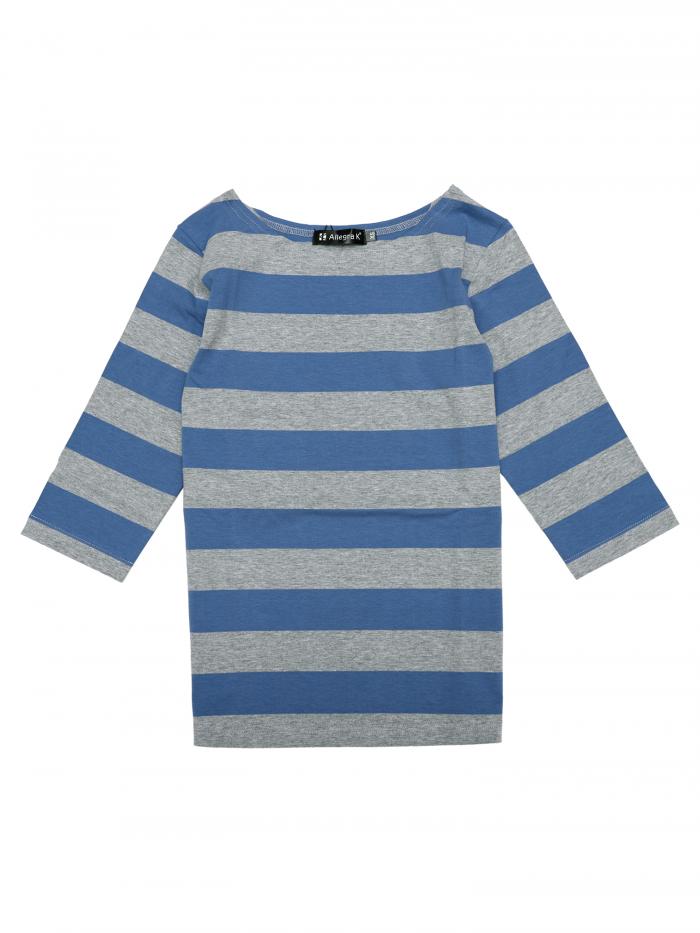 Allegra K ボーダー tシャツ トップス ストライプ 横縞 五分袖 ボートネック カジュアル レディース グレーブルー L