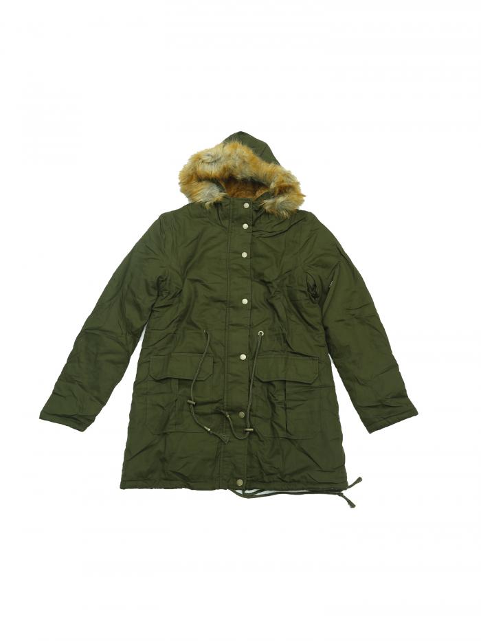 Allegra K レディース 冬用パーカージャケット 暖かい 防風 ロング パファーコート フェイクファーフード付き アーミーグリーン L