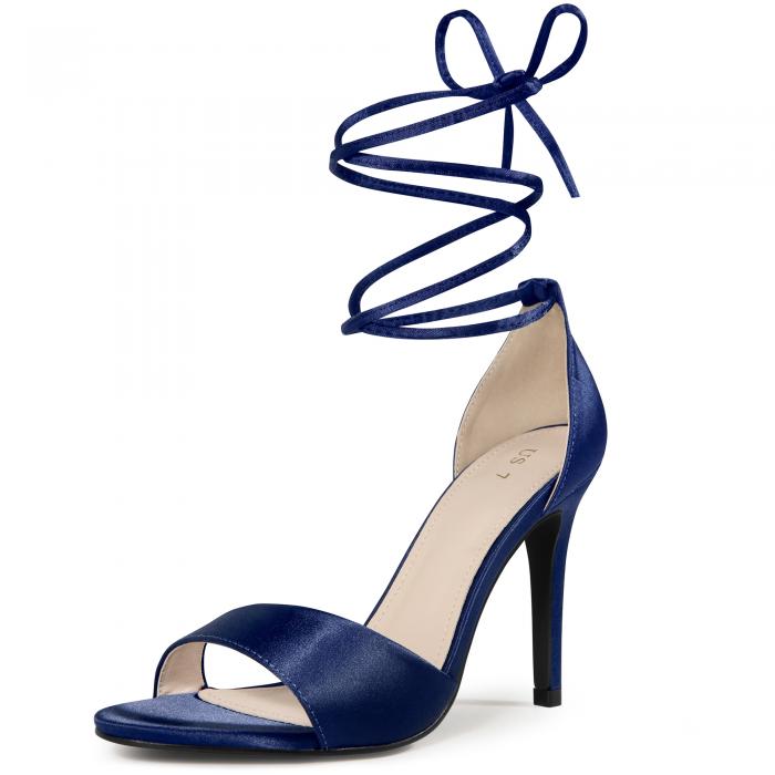 Perphy 女性用サテンレースアップスティレットヒールサンダル ネイビーブルー 23.5cm