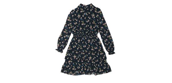 Allegra K 長袖ドレス シフォンワンピース 花柄 スタンドカラー ティアード フリル裾 レディース ディープブルー S