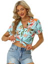 Allegra K 花柄 ハワイアンシャツ 襟付き トップス ブラウス 半袖 ボタンダウン ビーチ レディース スカイブルー XL