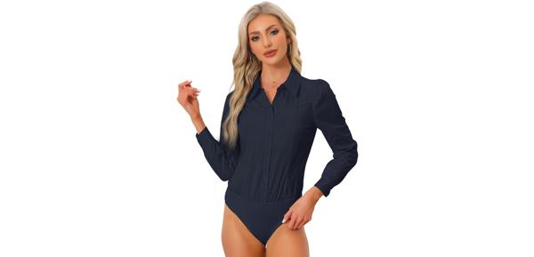 Allegra K ボディスーツ ボタンダウン 長袖 レオタード シャツ 襟付き ビジネス カジュアル トップ レディース ネイビーブルー S