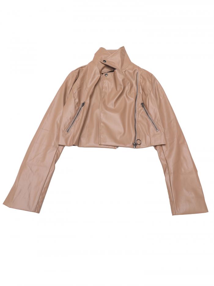 Allegra K クロップド バイカージャケット フェイクレザー 長袖 PUジッパー レディース ライトブラウン L